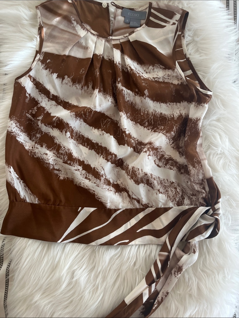 Silk zebra inspired hi-end Cream Tie-Waist Sleeveless top